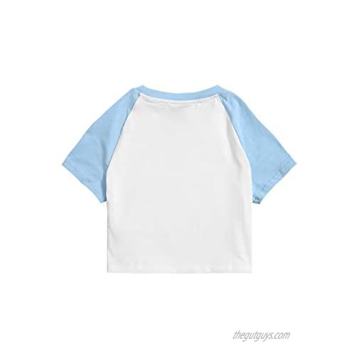 SheIn Women's Cute Angel Print Raglan Tee Short Sleeve Shirt Crop Colorblock Top