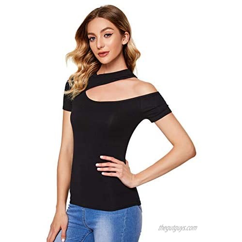 SheIn Women's Sexy One Shoulder Short Sleeve Slim Fit Cut Out Tee T-Shirts