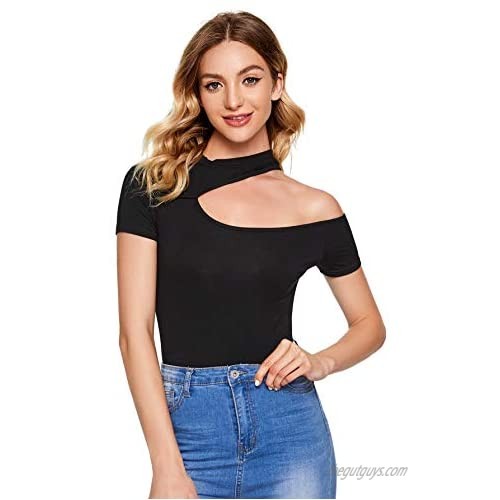 SheIn Women's Sexy One Shoulder Short Sleeve Slim Fit Cut Out Tee T-Shirts