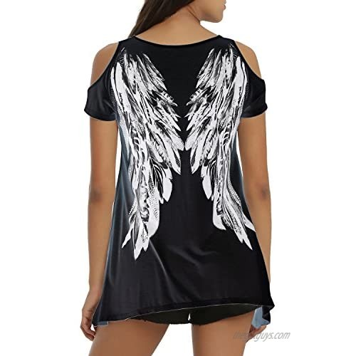 Tulucky Womens Fashion Angel Wing Loose T Shirts Cutout Shoulder Irregular Tops