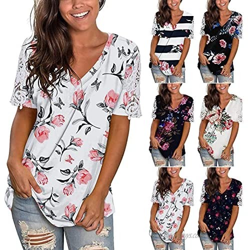 UOCUFY Womens Short Sleeve Tops Womens Summer Tops V Neck Casual Loose Plus Size Basic Tees Blouses Shirts Tunics