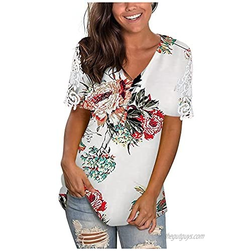 UOCUFY Womens Short Sleeve Tops  Womens Summer Tops V Neck Casual Loose Plus Size Basic Tees Blouses Shirts Tunics