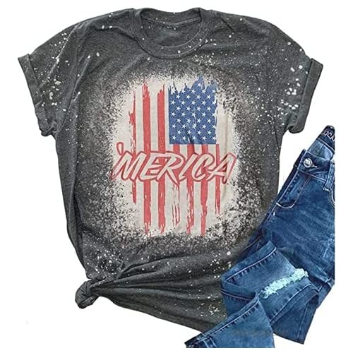 USA Flag Vintage T-Shirt Women 4th of July Shirt Merica Bleached Graphic Tees American Independence Day Shirt Sleeve Tee