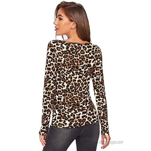Verdusa Women's Leopard Print Cheetah Shirts Fitted Tee Top
