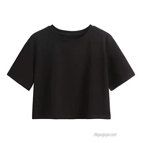 VIIOO Women's Casual Loose Short Sleeve Crop Top Basic Solid Crop Crew Neck Tee Shirts
