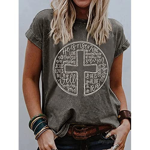 Womens He is Risen It is Well with My Soul He is Real Alive Print T-Shirts Short Sleeve Shirts for Women Faith Jesus Cross