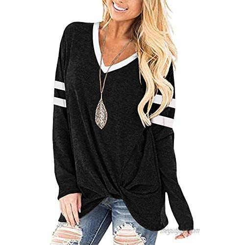 Aoysky Womens Long Sleeve Cotton Blouse Casual Loose V Neck Twist Knot Tops Shirts