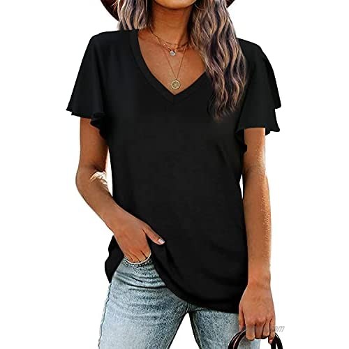 BESFLY Summer Tops for Women V Neck T-Shirt Loose Fit Short Sleeve