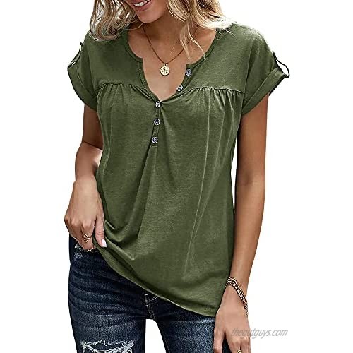 CCBSTS Womens V Neck Button Down Blouses Shirt Rolled Short Sleeve Henley T Shirts Pleated Tunic Tops