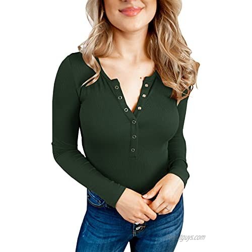 Dellytop Women's Long Sleeve Fitted Shirts Ribbed Button V Neck Knit Henley Tops Casual Tunic Blouse