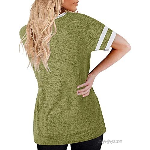 Haloumoning Womens Short/Long Sleeve V-Neck T Shirts Tees Color Block Casual Loose Tunic Tops