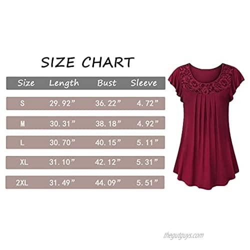 HIKA Women's Tops Ladies Tops for Women Work Casual Womens Short Sleeve Tops Lace Pleated Tunic Tops Blouse