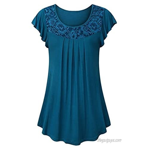 HIKA Women's Tops  Ladies Tops for Women Work Casual Womens Short Sleeve Tops Lace Pleated Tunic Tops Blouse