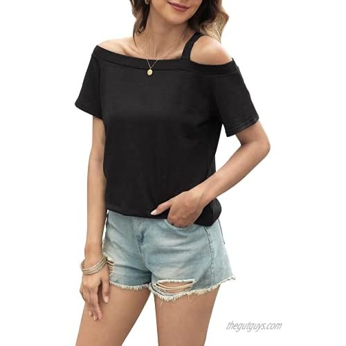 HOCOSIT Women's Summer Cold Shoulder T-Shirt Casual Short Sleeve Basic Tunic Blouse Cute Tops Shirts