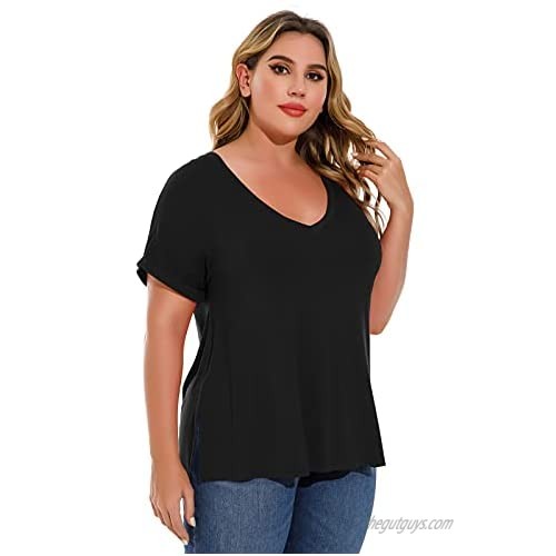LARACE Plus Size Tops for Women Loose Short Sleeve Shirt V-Neck T-Shirts Side Split Summer Casual Tunic