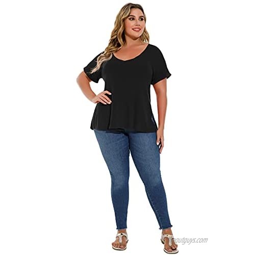 LARACE Plus Size Tops for Women Loose Short Sleeve Shirt V-Neck T-Shirts Side Split Summer Casual Tunic