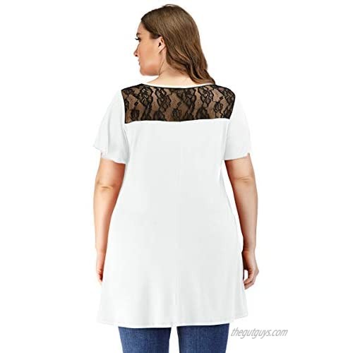 LARACE Women Plus Size Tunic Black Lace Top for Leggings Ruffle Sleeve Floral Patchwork Tee Shirt