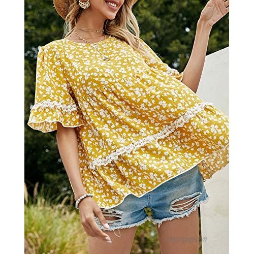 LERENSHA Women's Boho Floral Print Lace Short Sleeve Keyhole Ruffle Hem Peplum Top Babydoll Shirt Blouse Tunic Top