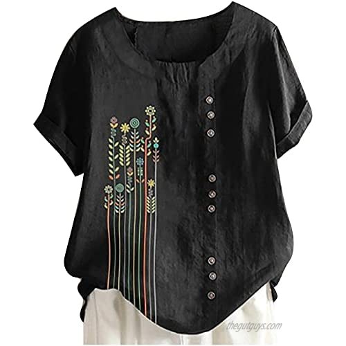 Longays Summer Womens Cotton Linen Tops Plus Size Casual Loose O-Neck Tunic Blouse Fashion Printing Button Shirt Top