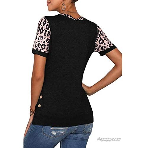 NIUBIA Women's Summer T-Shirts Colorblock Leopard Print Shirt Short Sleeve Crewneck Button Casual Tunic Tops for Women