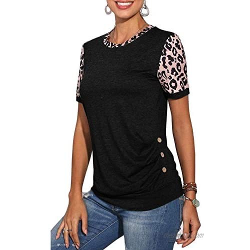 NIUBIA Women's Summer T-Shirts Colorblock Leopard Print Shirt Short Sleeve Crewneck Button Casual Tunic Tops for Women