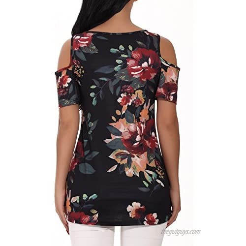PrinStory Women's Short Sleeve Casual Cold Shoulder Tunic Tops Loose Blouse Shirts Floral Print Brown Flower Black-US X-Large
