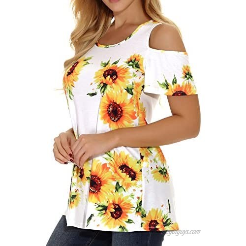 PrinStory Women's Short Sleeve Cold Shoulder Tunic Tops Loose Blouse Shirts Floral Print Sunflower White-US Small