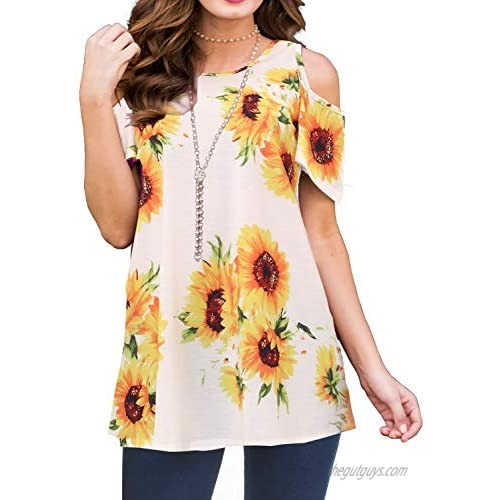 PrinStory Women's Short Sleeve Cold Shoulder Tunic Tops Loose Blouse Shirts Floral Print Sunflower White-US Small