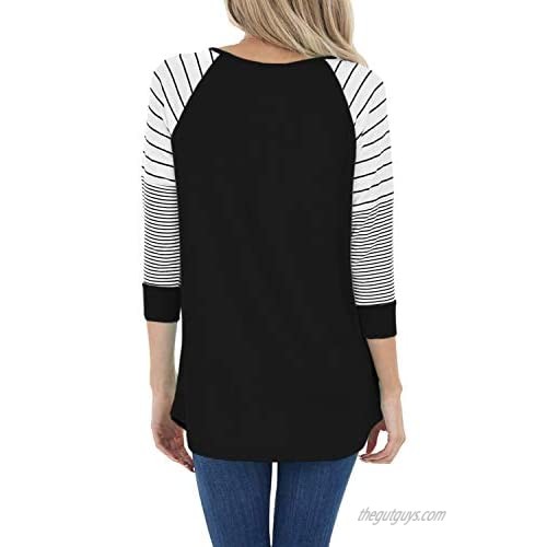 ReachMe Womens Striped 3/4 Sleeve Tops Casual Raglan Sleeve Shirts Round Neck Long Sleeve T Shirts Tee