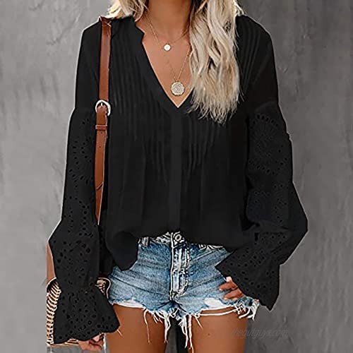 Summer Women Sexy Tshirt Tops Trendy Casual Solid Loose Fit Vneck Tunic Tees Long Sleeve Comfy Button Down Blouses