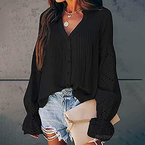Summer Women Sexy Tshirt Tops Trendy Casual Solid Loose Fit Vneck Tunic Tees Long Sleeve Comfy Button Down Blouses