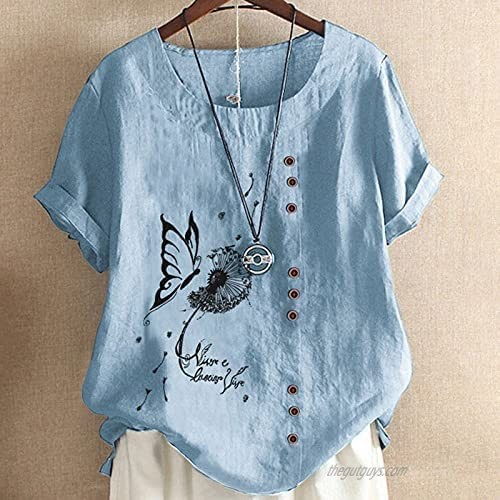 Summer Womens Cotton Linen T-Shirt Casual Plus Size Blouse Tops Short Sleeve Crewneck Tee Comfy Soft Loose Tunic