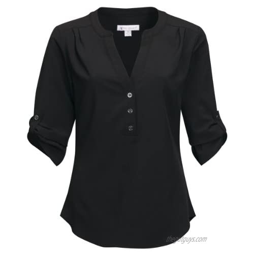 Tri-Mountain Women's 3/4 Sleeve Y-Neckline Three-Button Amelia Pleated Woven Tunic Shirt