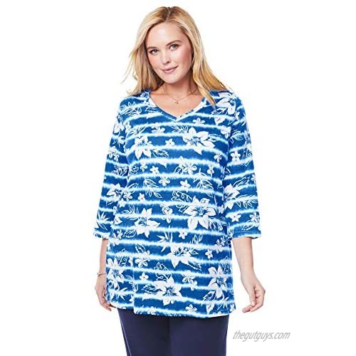 Woman Within Women's Plus Size Perfect Printed Three-Quarter-Sleeve V-Neck Tunic