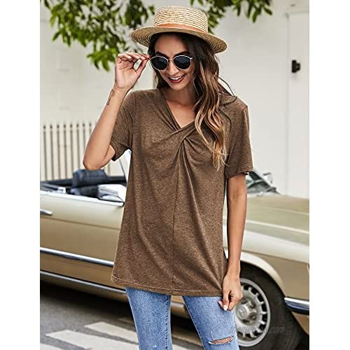 Womens Casual Shirts Short Sleeve V Neck Blouse Twist Knot Tunics Summer Top Loose T-Shirt Plus Size