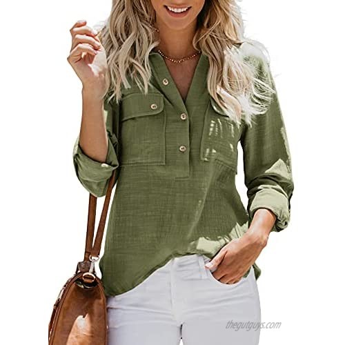 Womens Casual V Neck Shirts Linen Cotton Long Sleeve Henley Pullover Blouse Slim Fit Plain Tops with Pockets