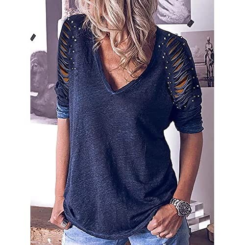 Womens Cold Shoulder Cutout Pearl Solid Color T-Shirts Hollow Out Tunic Strappy Basic Long Sleeve Shirts for Women Tee Tops