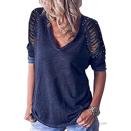 Womens Cold Shoulder Cutout Pearl Solid Color T-Shirts Hollow Out Tunic Strappy Basic Long Sleeve Shirts for Women Tee Tops