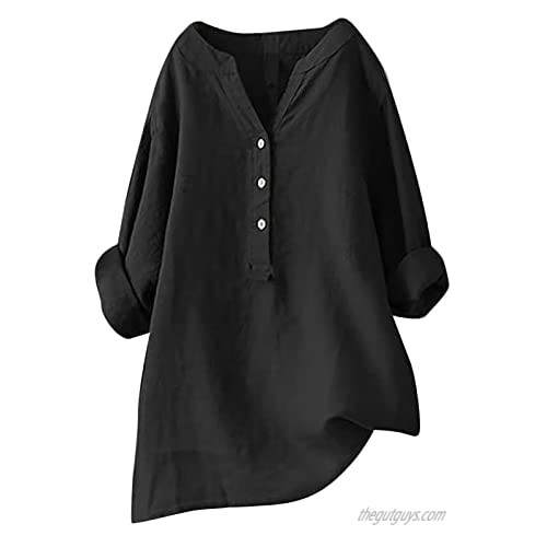 Women's Linen Tunics Tops 3/4 Roll Sleeve Turn Down Collar Buttons Henley Blouses V Neck Loose Comfy Simple Shirts