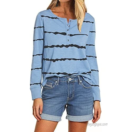 Women's Long Sleeve Crewneck Stripe T Shirt Casual Loose Button Henley Shirt Blouse Top