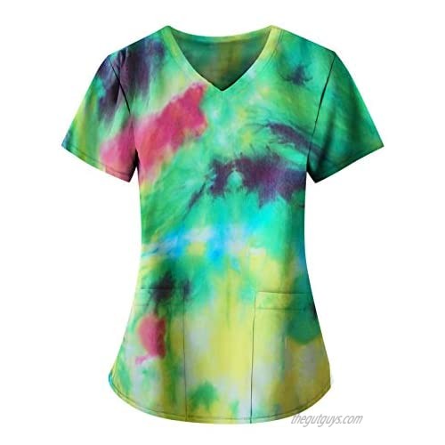 Women’s Scrub Tops Relaxed Working Uniform T-Shirt Tie Dye Print Short Sleeve V-Neck Tops with Pockets