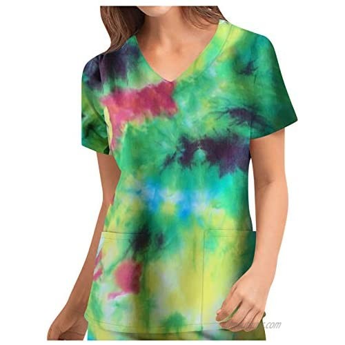 Women’s Scrub_Tops Relaxed Working Uniform T-Shirt Tie Dye Print Short Sleeve V-Neck Tops with Pockets
