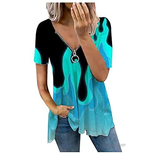 Womens Sexy V Neck Tops Collar Zipper Cold Shoulder Short Sleeve T Shirts Summer Casual Loose Fit Tunic Blouse