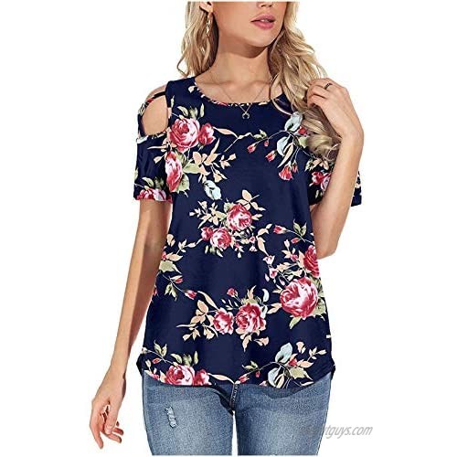 Cold Shoulder T-Shirt Tops for Women Summer Casual Tees Floral Comfy Soft Crewneck Tunic Top Loose Fit Blouse Pullover
