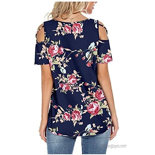 Cold Shoulder T-Shirt Tops for Women Summer Casual Tees Floral Comfy Soft Crewneck Tunic Top Loose Fit Blouse Pullover