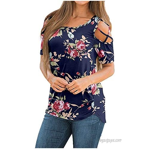 Cold Shoulder T-Shirt Tops for Women  Summer Casual Tees Floral Comfy Soft Crewneck Tunic Top Loose Fit Blouse Pullover