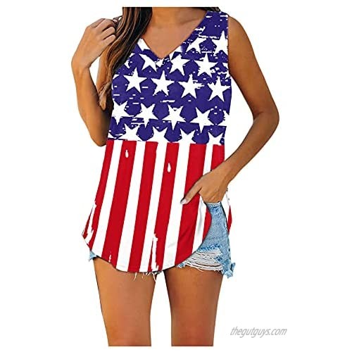 DZQUY Women's Basic V Neck T Shirts 4th of July Graphic Tee Summer Casual Loose Side Split Tunic Tank Tops