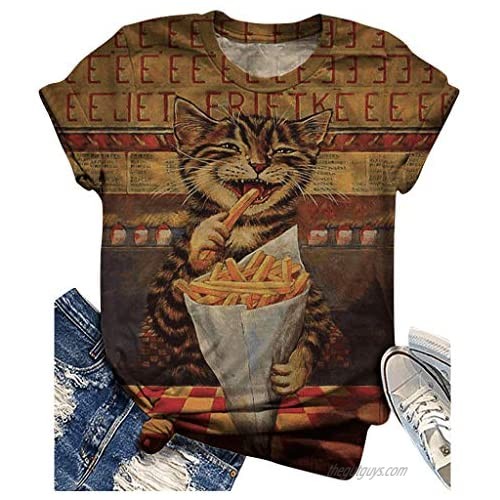 Fastbot women's Summer Casual Cat Printed Funny T Shirt Women's Fashion Short Sleeve Tops Blouse Gift Novelty Shirt