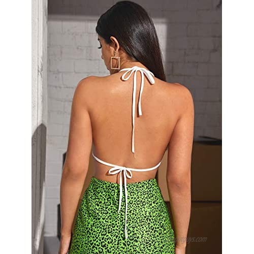 Floerns Women's Causal Backless Tie Back Halter Neck Sleeveless Cami Crop Tops