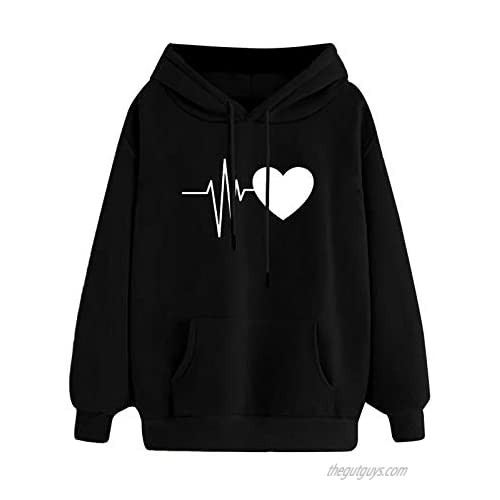 FUNEY Women's Heartbeat Print Hoodie Sweatshirts Long Sleeve Solid Color Casual Tunic Tops Shirt with Pockets for Girls